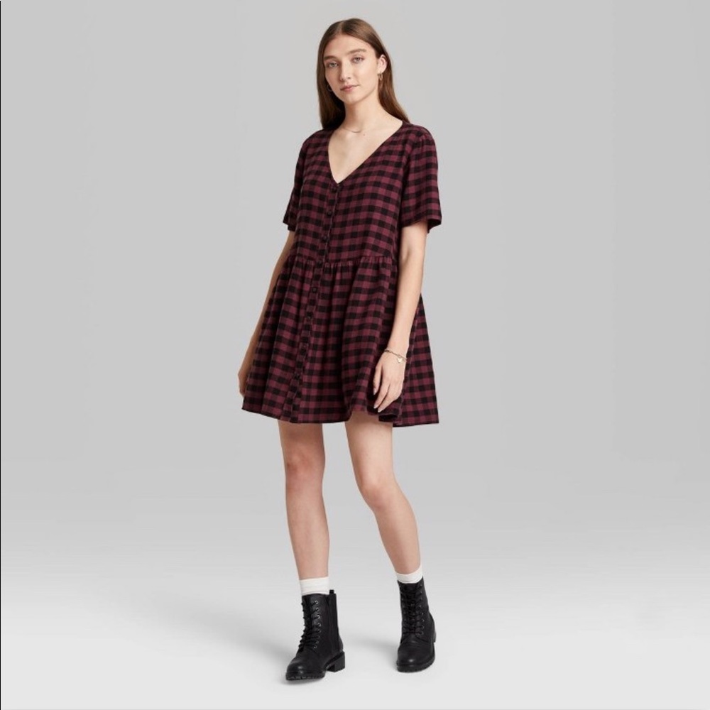 NWT! Short sleeve button down Plaid Shirt dress - Wine Plaid